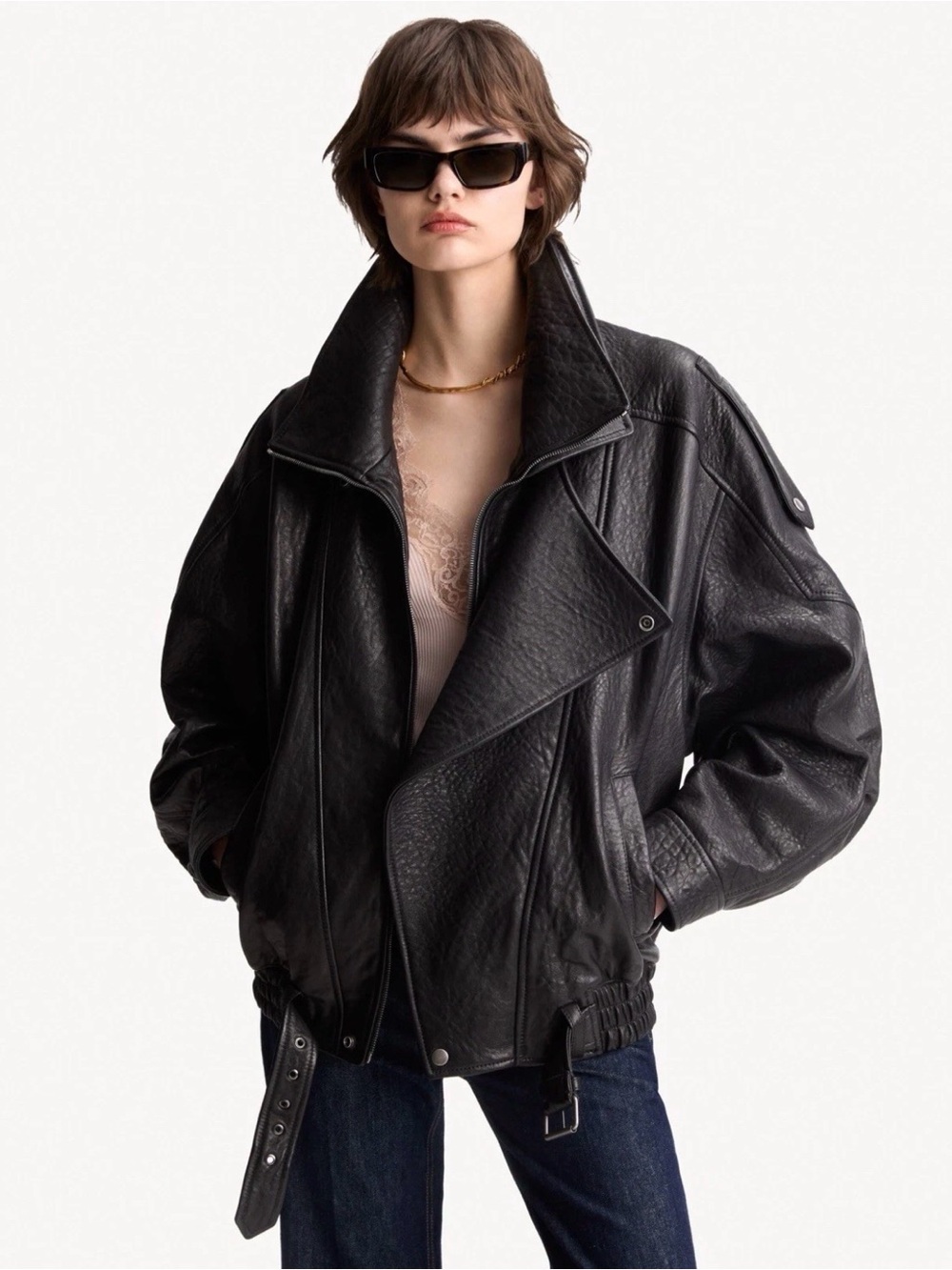 Saint Laurent BRUN/ Brown Oversized Leather Bomber Jacket - Women FR34